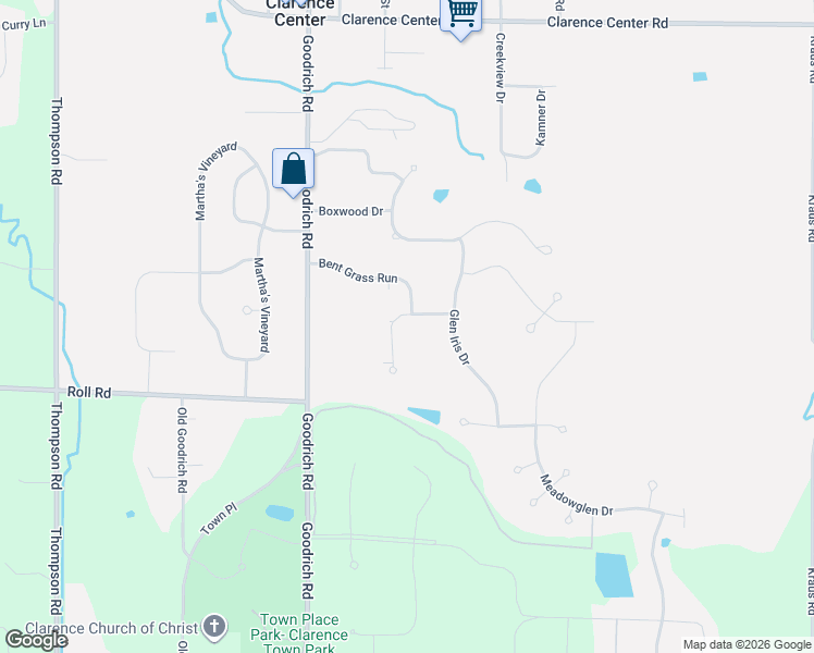 map of restaurants, bars, coffee shops, grocery stores, and more near 9560 Bent Grass Run in Clarence Center