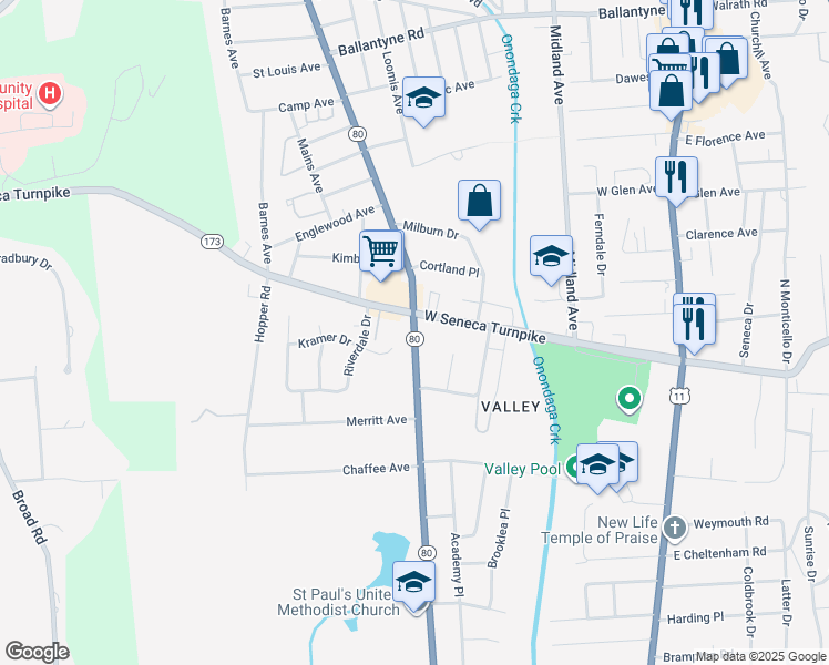 map of restaurants, bars, coffee shops, grocery stores, and more near Valley Drive in Syracuse
