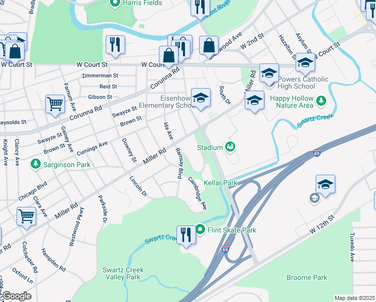 map of restaurants, bars, coffee shops, grocery stores, and more near 1941 Miller Road in Flint