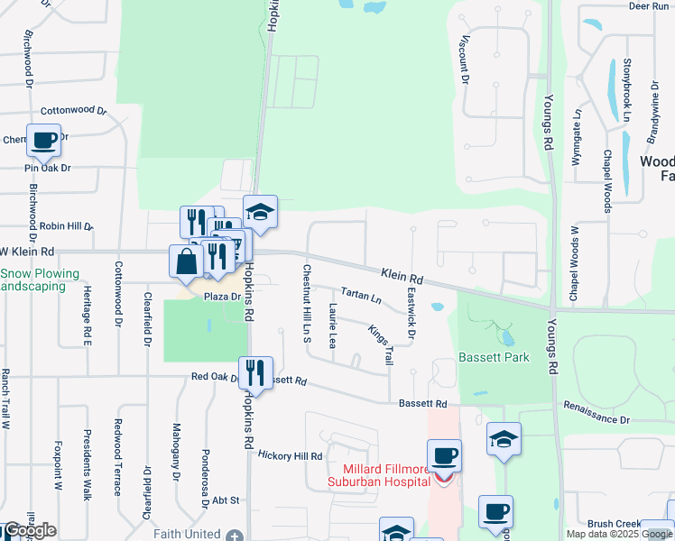 map of restaurants, bars, coffee shops, grocery stores, and more near 126 Klein Road in Buffalo