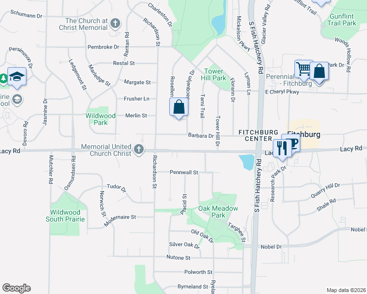 map of restaurants, bars, coffee shops, grocery stores, and more near 5655 Barbara Drive in Fitchburg