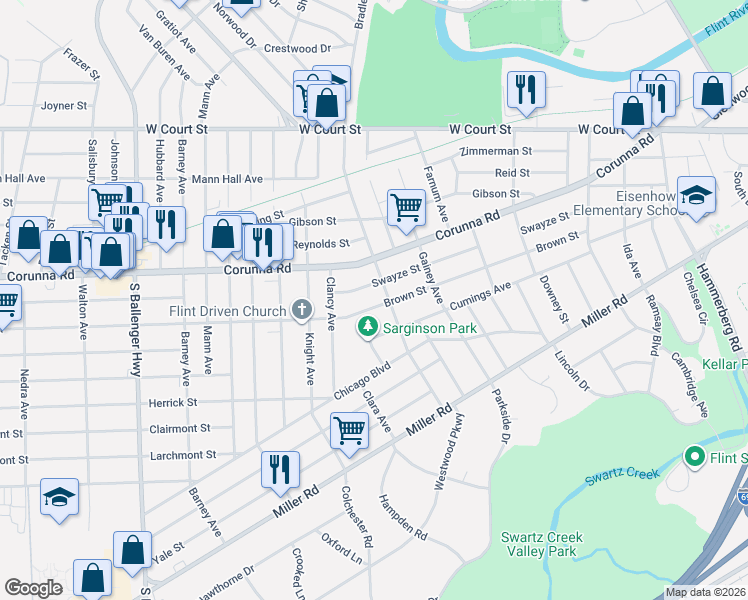 map of restaurants, bars, coffee shops, grocery stores, and more near 2645 Swayze Street in Flint