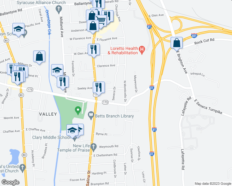map of restaurants, bars, coffee shops, grocery stores, and more near 409 Seneca Drive in Syracuse