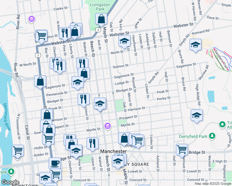 map of restaurants, bars, coffee shops, grocery stores, and more near 266 Blodget Street in Manchester