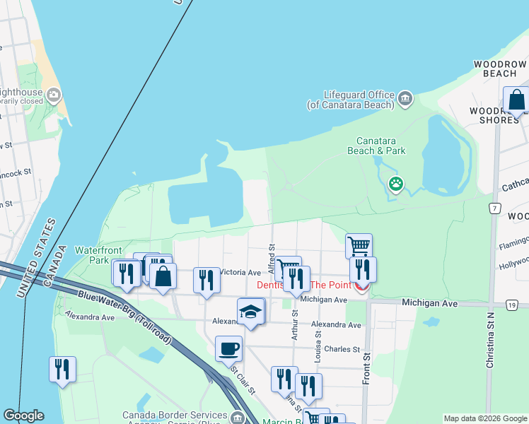 map of restaurants, bars, coffee shops, grocery stores, and more near 1255 Sandy Lane in Sarnia