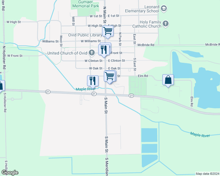 map of restaurants, bars, coffee shops, grocery stores, and more near 9480 Michigan 21 in Ovid
