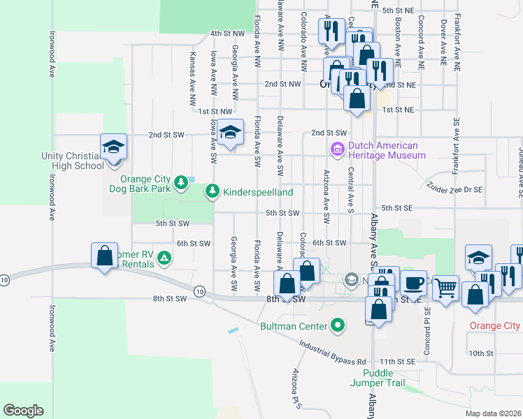 map of restaurants, bars, coffee shops, grocery stores, and more near 400-498 Delaware Avenue Southwest in Orange City