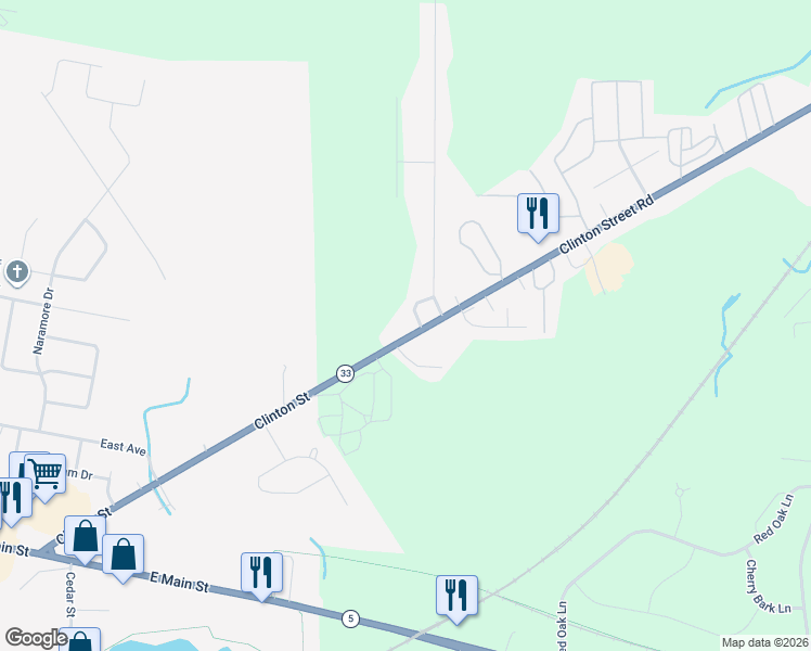 map of restaurants, bars, coffee shops, grocery stores, and more near 5017 Clinton Street Road in Batavia