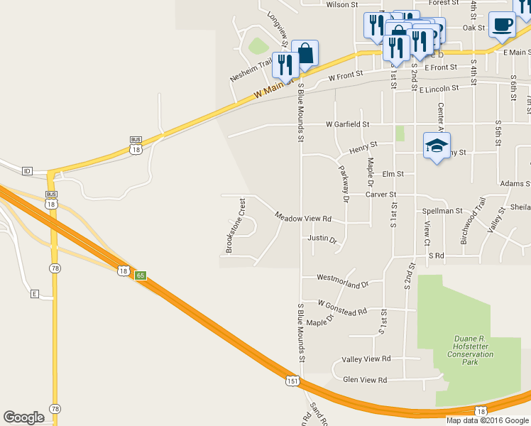 map of restaurants, bars, coffee shops, grocery stores, and more near 521 Meadow View Road in Mount Horeb