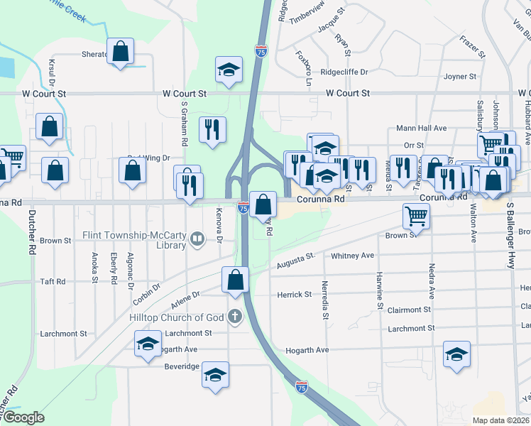 map of restaurants, bars, coffee shops, grocery stores, and more near 2020 Utley Road in Flint