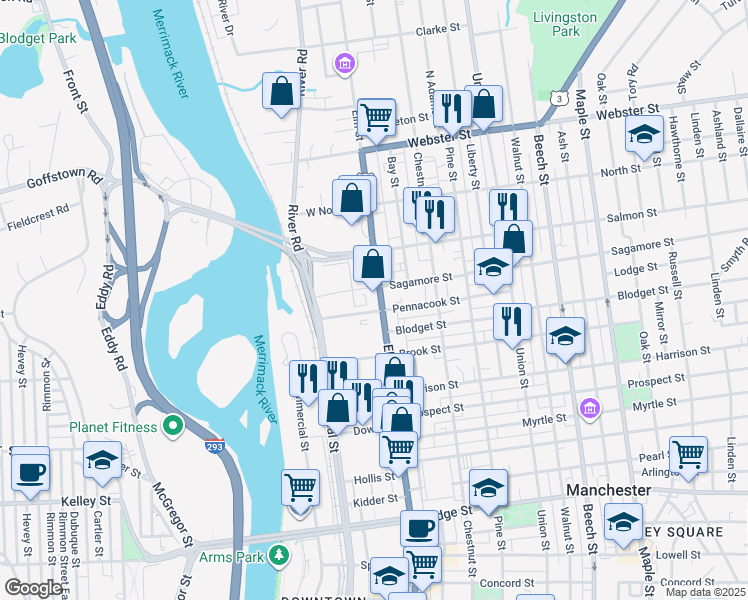 map of restaurants, bars, coffee shops, grocery stores, and more near 1650 Elm Street in Manchester