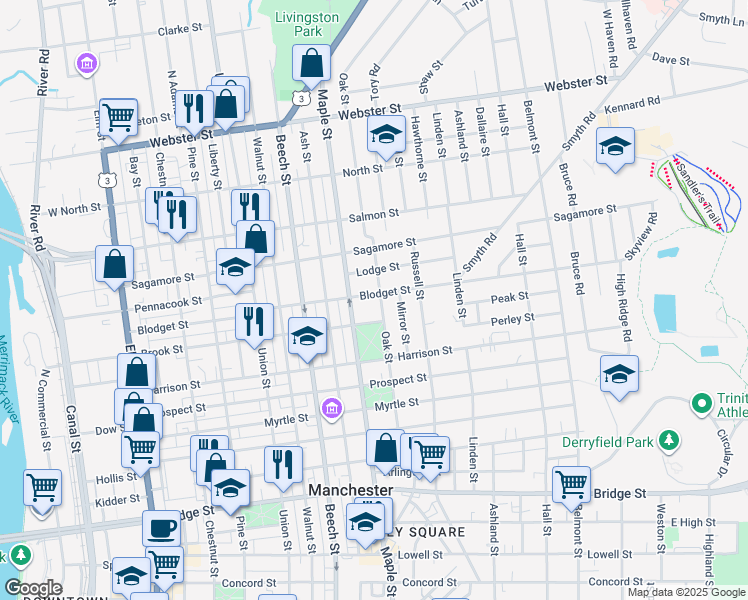 map of restaurants, bars, coffee shops, grocery stores, and more near 266 Blodget Street in Manchester