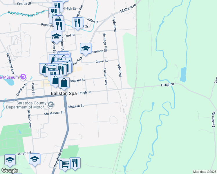map of restaurants, bars, coffee shops, grocery stores, and more near 125 East High Street in Ballston Spa