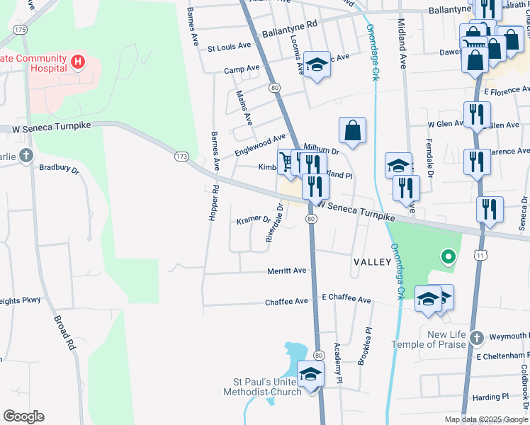 map of restaurants, bars, coffee shops, grocery stores, and more near 525 West Seneca Turnpike in Syracuse