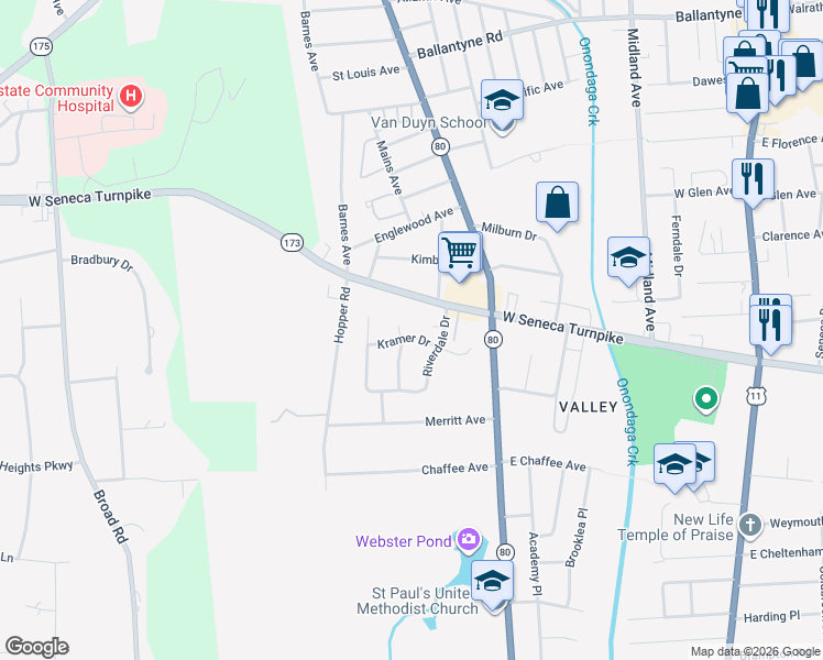 map of restaurants, bars, coffee shops, grocery stores, and more near 525 West Seneca Turnpike in Syracuse