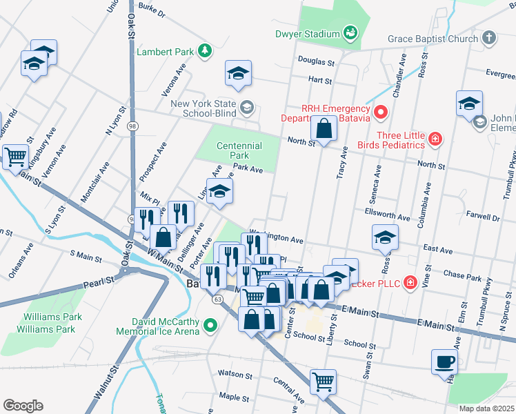 map of restaurants, bars, coffee shops, grocery stores, and more near 119 1/2 State Street in Batavia