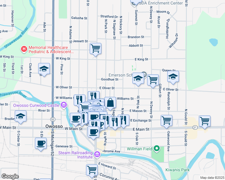 map of restaurants, bars, coffee shops, grocery stores, and more near 522 North Saginaw Street in Owosso