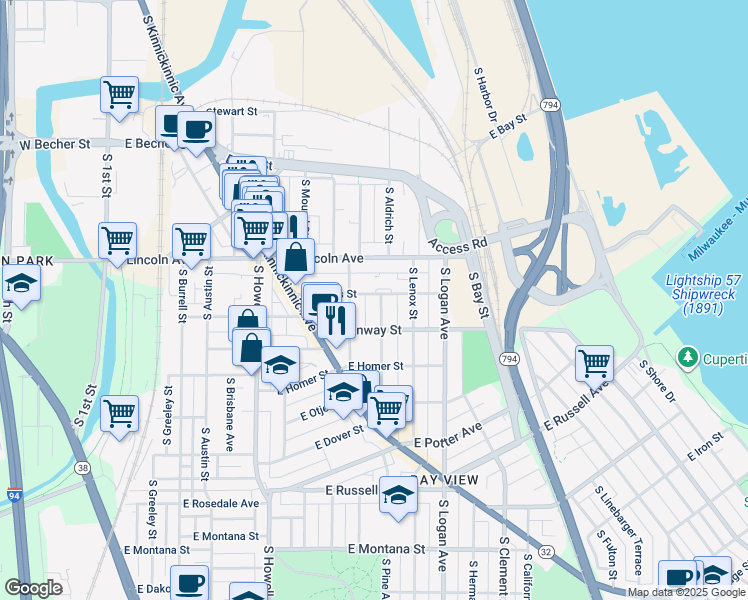 map of restaurants, bars, coffee shops, grocery stores, and more near 740 East Linus Street in Milwaukee