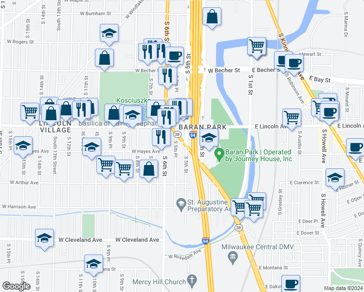 map of restaurants, bars, coffee shops, grocery stores, and more near 2335 South 5th Place in Milwaukee