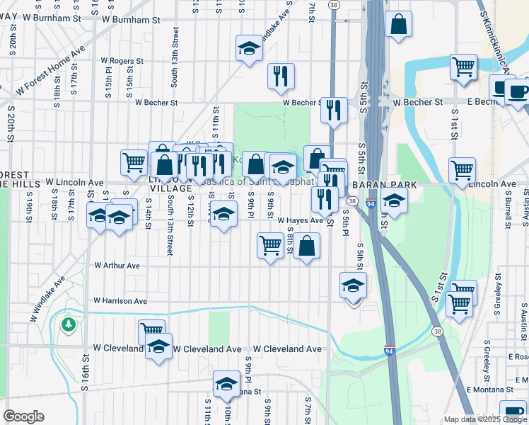map of restaurants, bars, coffee shops, grocery stores, and more near 2339 South 9th Street in Milwaukee