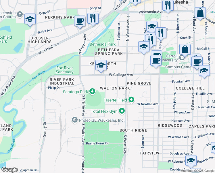 map of restaurants, bars, coffee shops, grocery stores, and more near 124 Waverly Place in Waukesha