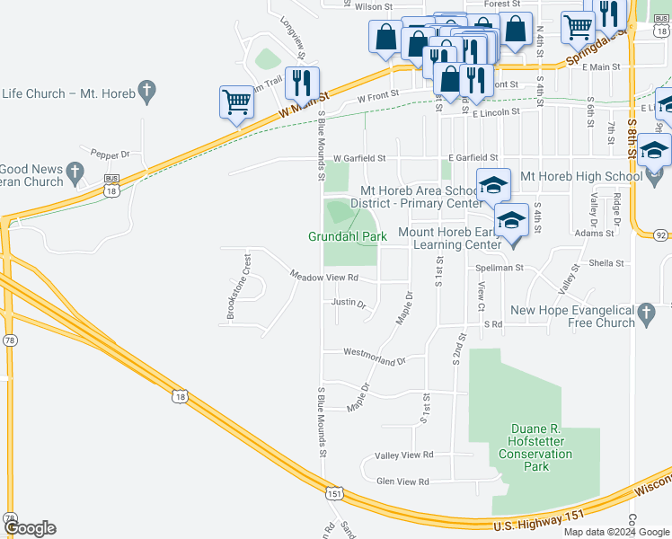 map of restaurants, bars, coffee shops, grocery stores, and more near 333 Meadow View Road in Mount Horeb