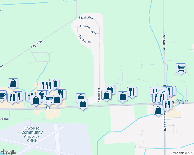 map of restaurants, bars, coffee shops, grocery stores, and more near 345 Elizabeth Drive in Owosso