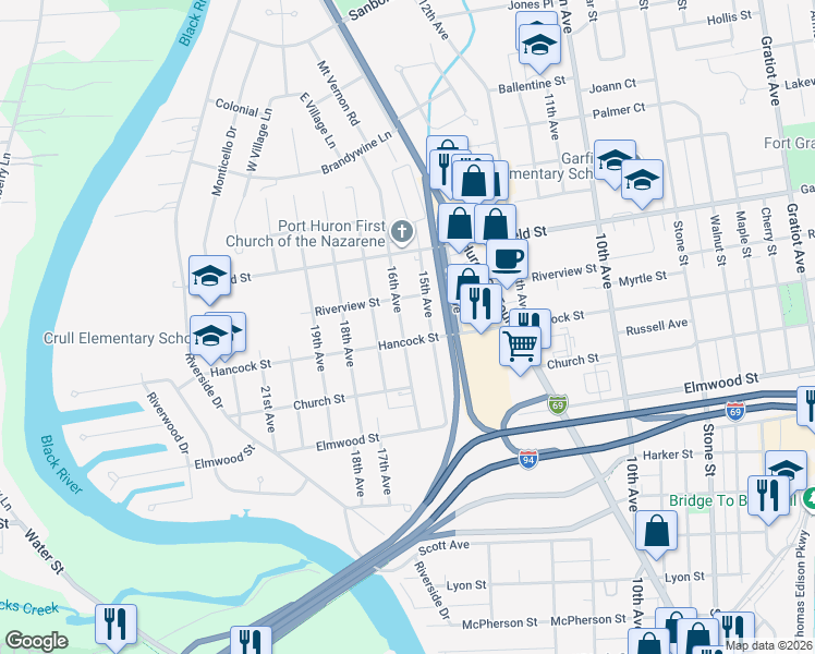 map of restaurants, bars, coffee shops, grocery stores, and more near 2652 16th Avenue in Port Huron