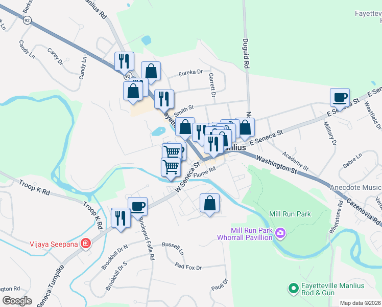 map of restaurants, bars, coffee shops, grocery stores, and more near 109 Fayette Street in Manlius