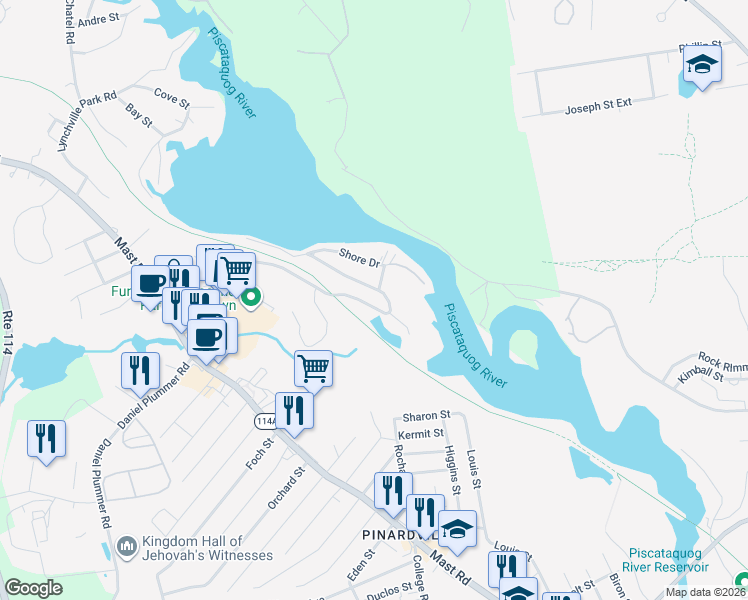 map of restaurants, bars, coffee shops, grocery stores, and more near 2 Shore Drive in Goffstown