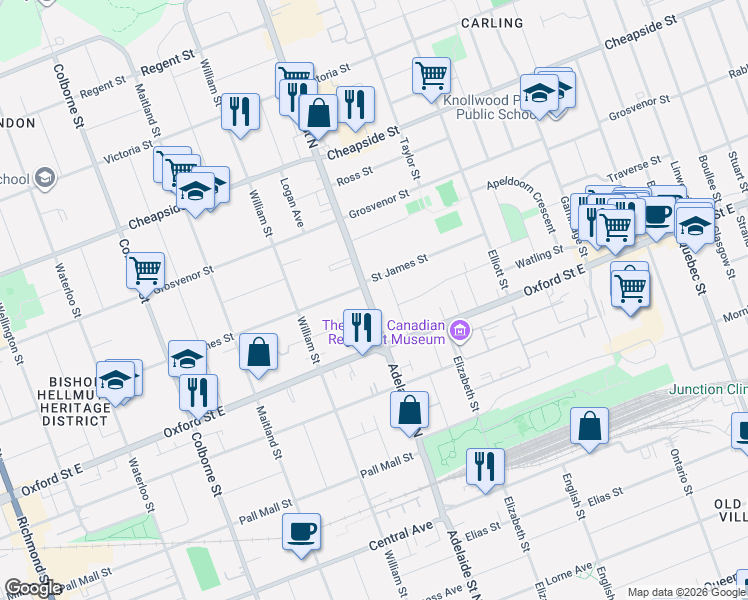 map of restaurants, bars, coffee shops, grocery stores, and more near 808 Adelaide Street North in London