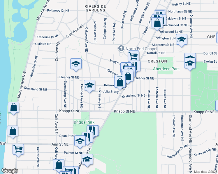 map of restaurants, bars, coffee shops, grocery stores, and more near 455 Kenwood Northeast in Grand Rapids