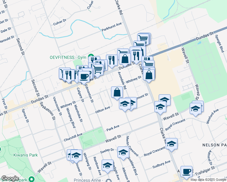 map of restaurants, bars, coffee shops, grocery stores, and more near 1825 Whitney Street in London