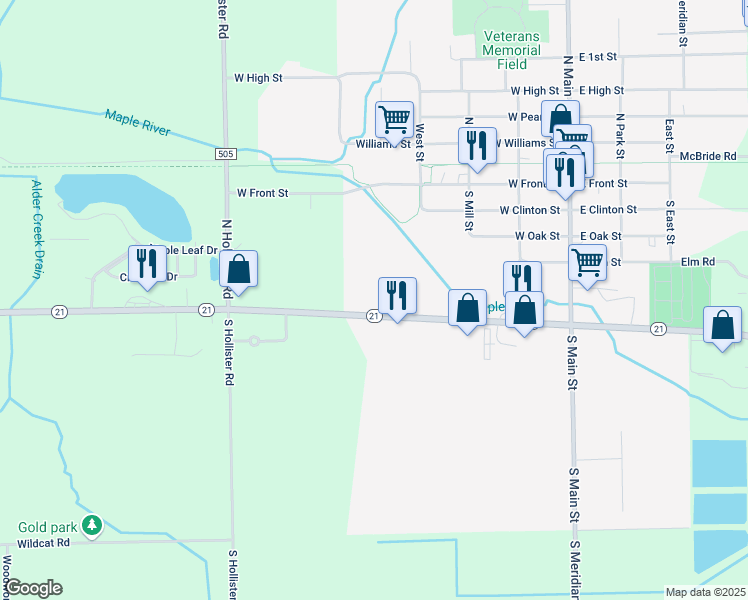 map of restaurants, bars, coffee shops, grocery stores, and more near 9345 Michigan 21 in Ovid