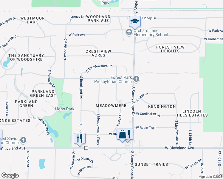 map of restaurants, bars, coffee shops, grocery stores, and more near 2320 South Lombardy Lane in New Berlin