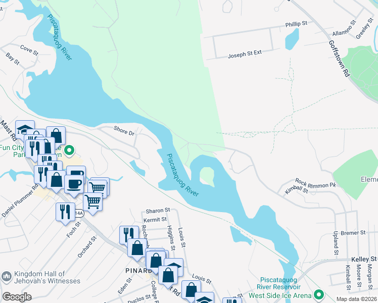 map of restaurants, bars, coffee shops, grocery stores, and more near 23 Riverview Park Road in Goffstown