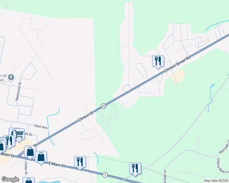 map of restaurants, bars, coffee shops, grocery stores, and more near 5017 Clinton Street Road in Batavia