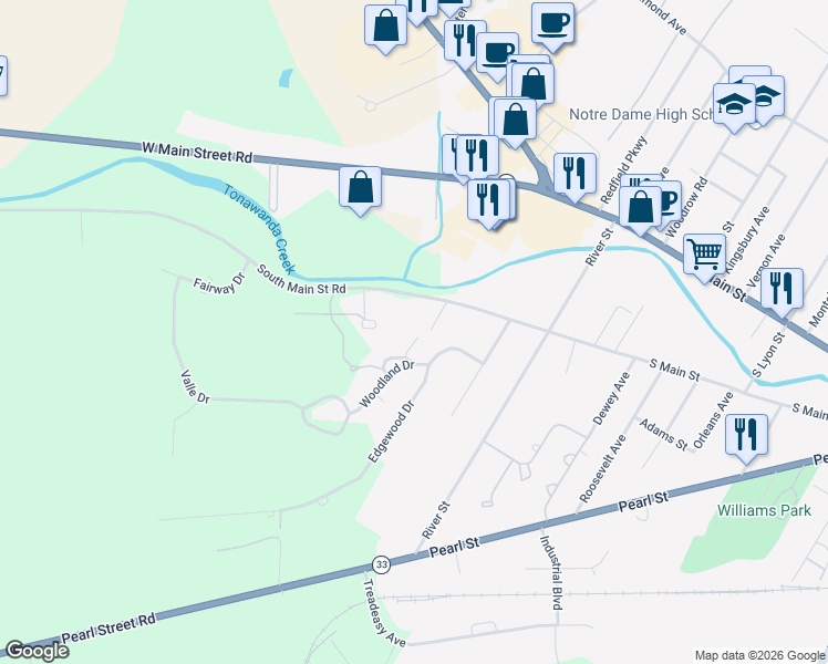 map of restaurants, bars, coffee shops, grocery stores, and more near 4096 South Main Street Road in Batavia