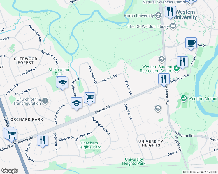 map of restaurants, bars, coffee shops, grocery stores, and more near 560 Kininvie Drive in London