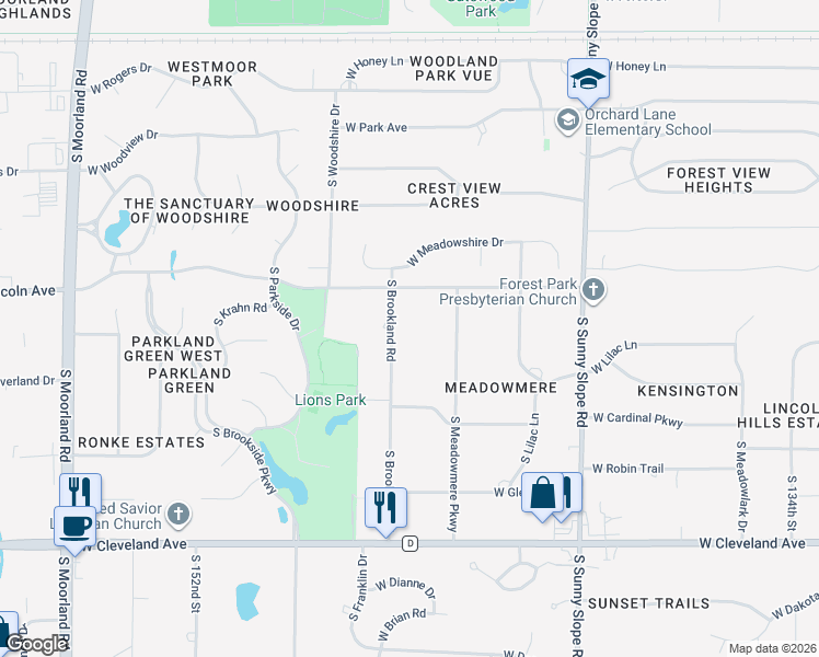 map of restaurants, bars, coffee shops, grocery stores, and more near 2312 South Brookland Road in New Berlin