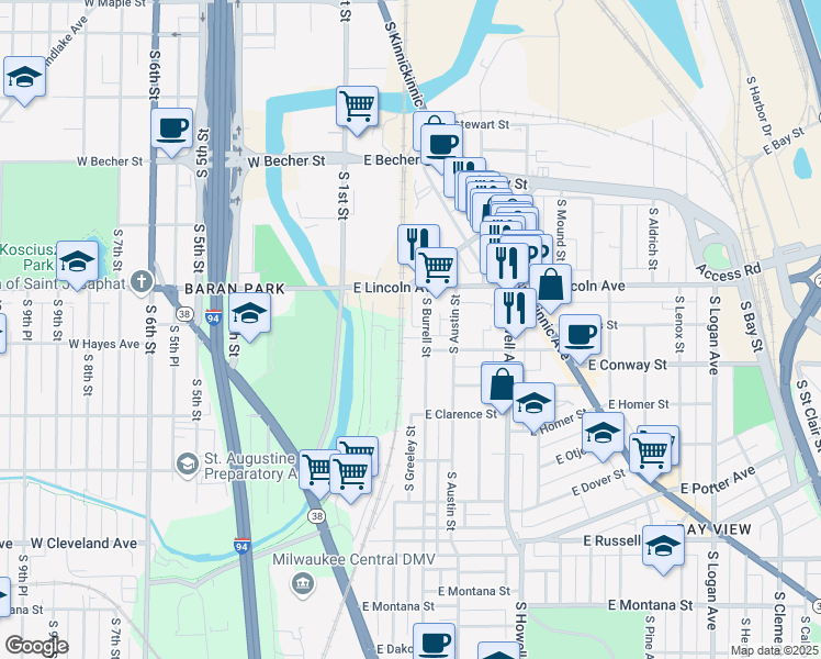 map of restaurants, bars, coffee shops, grocery stores, and more near 2 East Hayes Avenue in Milwaukee