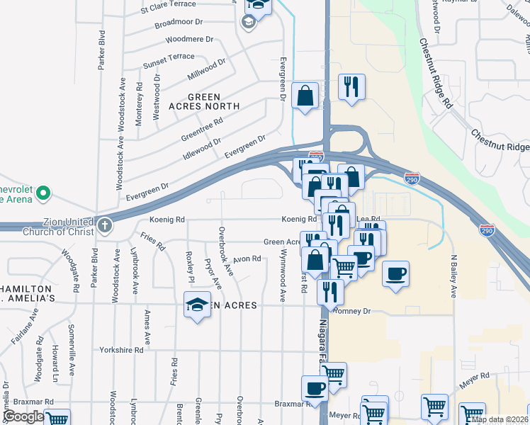 map of restaurants, bars, coffee shops, grocery stores, and more near 79 Sweet Briar Road in Tonawanda