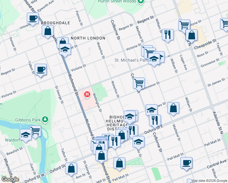 map of restaurants, bars, coffee shops, grocery stores, and more near 889 Waterloo Street in London