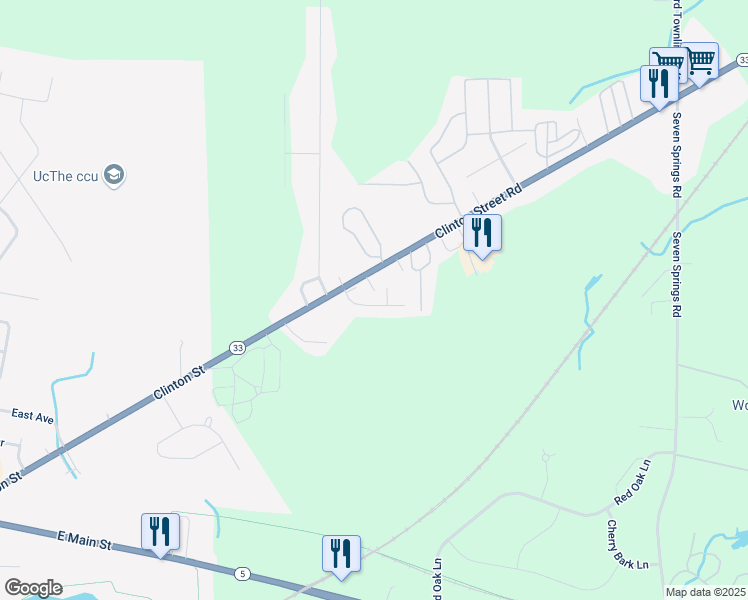 map of restaurants, bars, coffee shops, grocery stores, and more near 5066 Clinton Street Road in Batavia