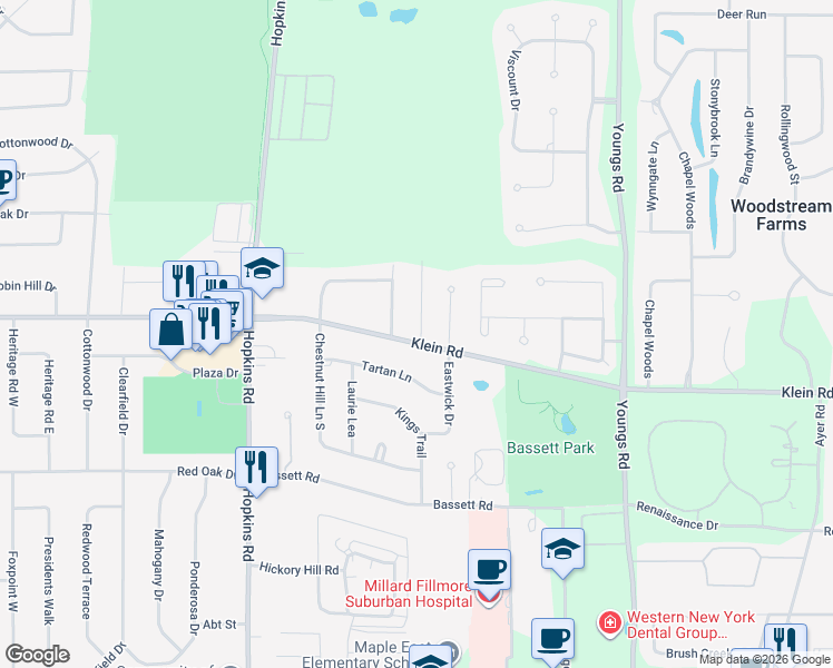 map of restaurants, bars, coffee shops, grocery stores, and more near 11 Kingswaye Drive in Buffalo