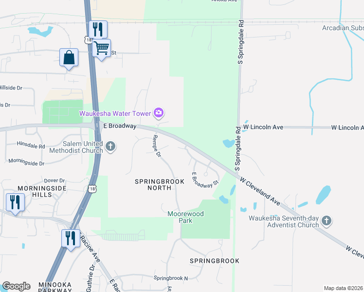 map of restaurants, bars, coffee shops, grocery stores, and more near 2016 Stonehaven Court in Waukesha