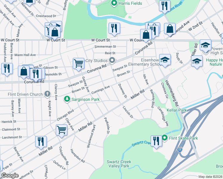 map of restaurants, bars, coffee shops, grocery stores, and more near 1410 Lincoln Drive in Flint