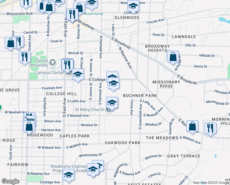 map of restaurants, bars, coffee shops, grocery stores, and more near 507 East College Avenue in Waukesha