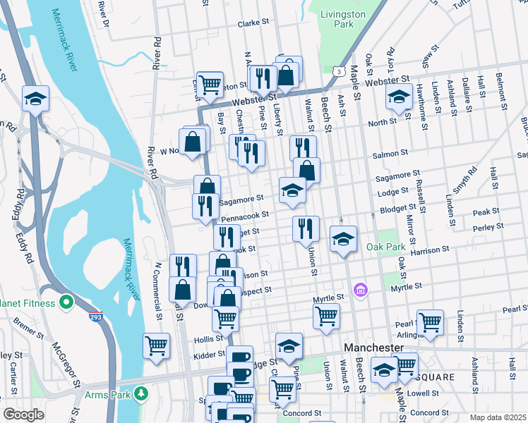 map of restaurants, bars, coffee shops, grocery stores, and more near 52 Pennacook Street in Manchester