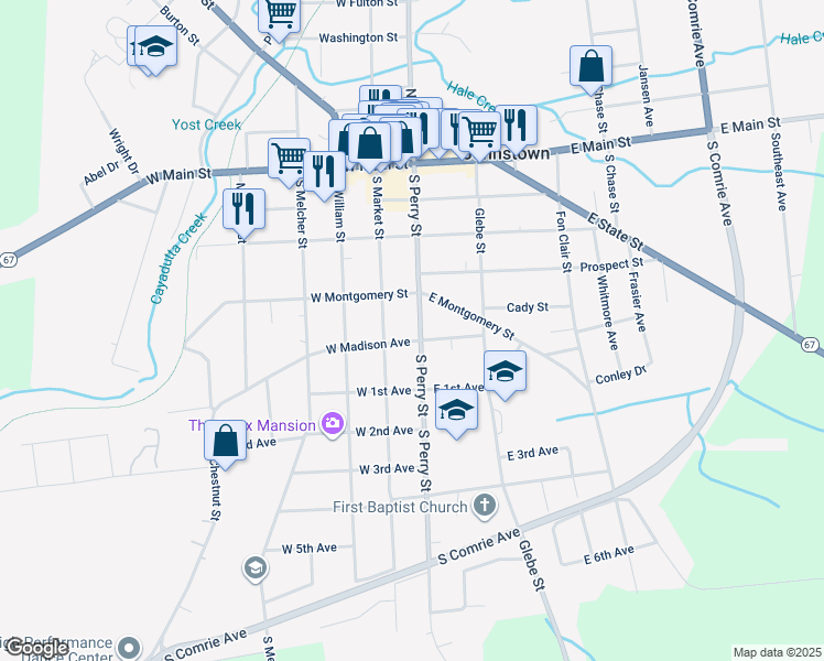 map of restaurants, bars, coffee shops, grocery stores, and more near 207*1/2 South Perry Street in Johnstown